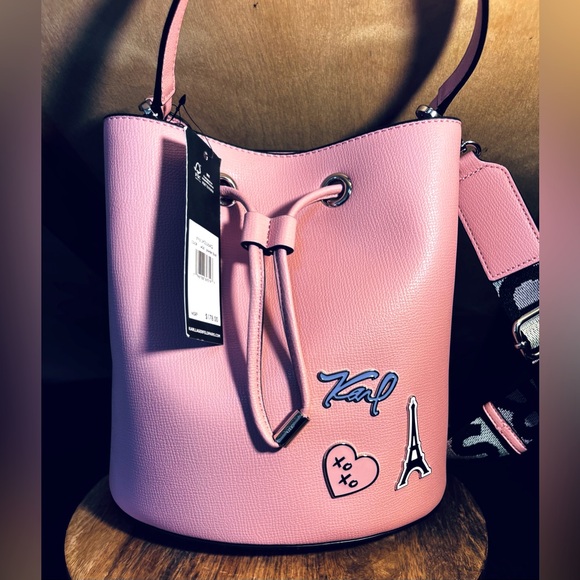 NEW! Karl Lagerfeld Paris Blush Pink Drawstring Bucket Hand Bag - Picture 2 of 7